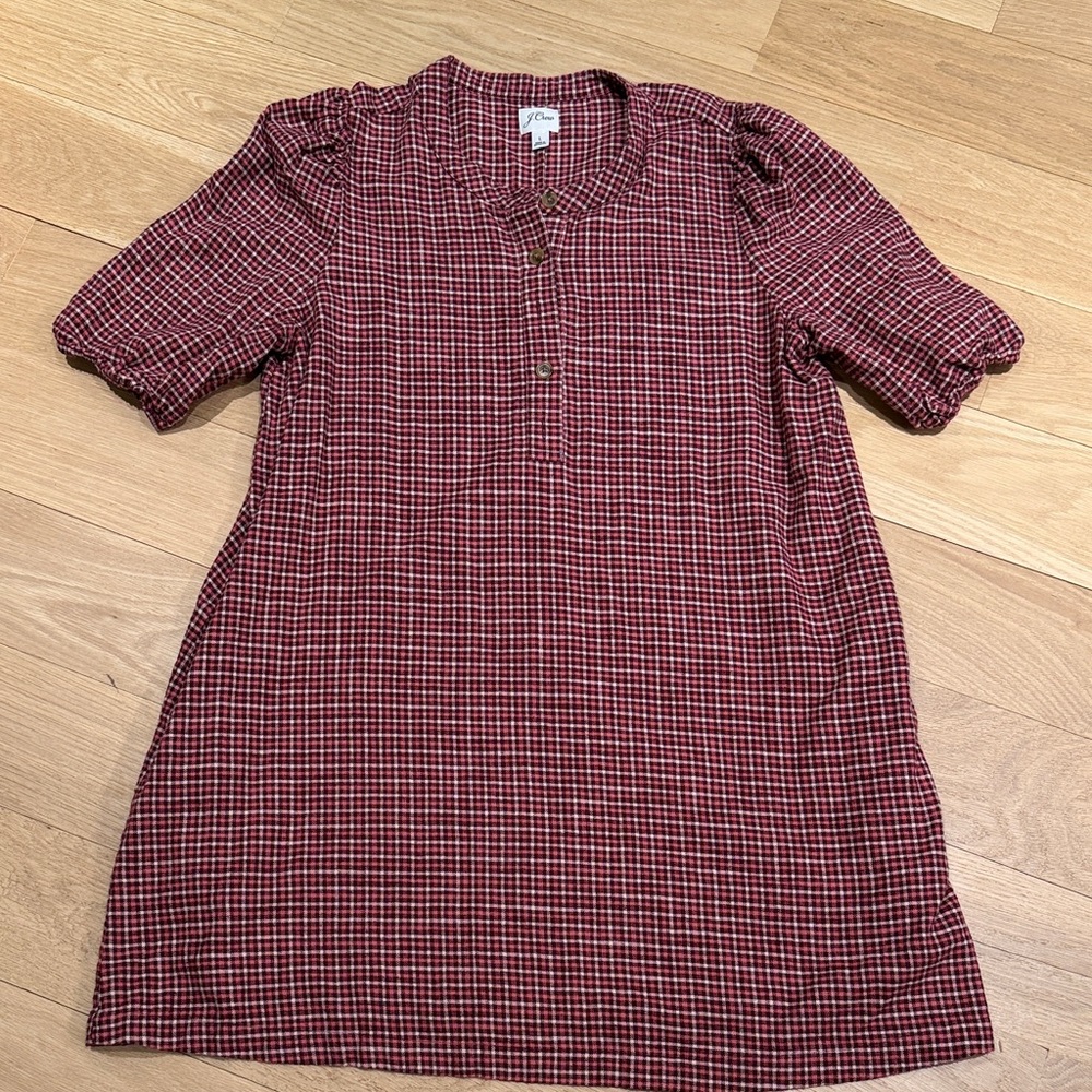 J. Crew Red and White Plaid Puff Sleeve Mini Dress